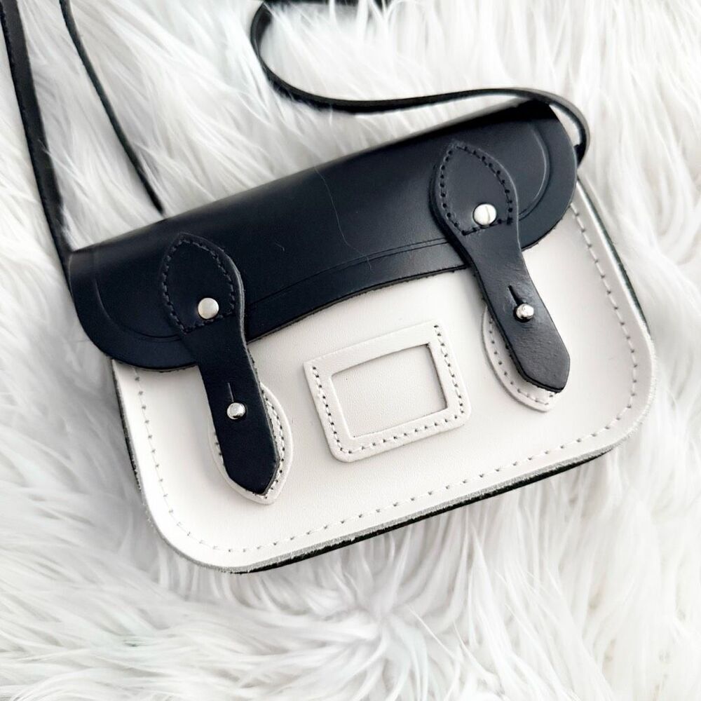CAMBRIDGE SATCHEL COMPANY | Leather Mini Bag Black White Crossbody Colorblock - Picture 2 of 10